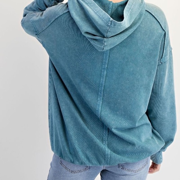 NEW EASEL CLOTHING WASHED TERRY KNIT PULLOVER PEACE HOODIE TEAL SWEATSHIRT - Picture 8 of 8